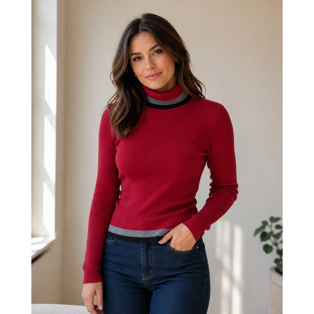 Casual Corner Annex Turtleneck Sweater Petite S Red Ribbed Knit Modest Preppy
